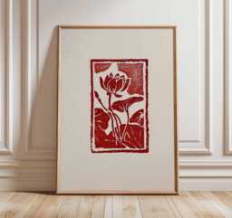 Red Linocut Flower Wall Art Print, Botanical Block Print Poster, Minimalist Floral Artwork, Modern Rustic Home Decor - thumbnail 1