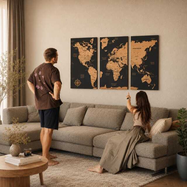 Personalized Wooden World Map With Pins, Push Pin Travel Tracker, 3 Piece Wall Art - image 1