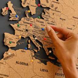 Personalized Wooden World Map With Pins, Push Pin Travel Tracker, 3 Piece Wall Art - thumbnail 2