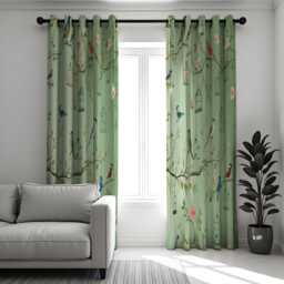 Green Nature Curtains With Birds & Branches, Custom Size Botanical Drapes For Fresh Modern Living Room Or Bedroom Interiors - thumbnail 2