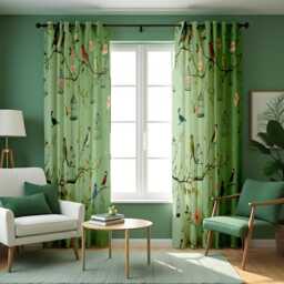 Green Nature Curtains With Birds & Branches, Custom Size Botanical Drapes For Fresh Modern Living Room Or Bedroom Interiors