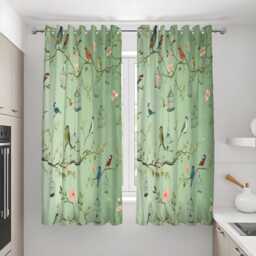 Green Nature Curtains With Birds & Branches, Custom Size Botanical Drapes For Fresh Modern Living Room Or Bedroom Interiors - thumbnail 3