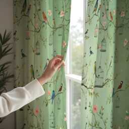 Green Nature Curtains With Birds & Branches, Custom Size Botanical Drapes For Fresh Modern Living Room Or Bedroom Interiors - thumbnail 4