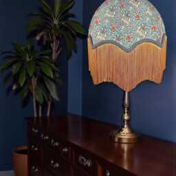 William Morris Blue Snakeshead Curtains Fabric Dome Lampshade Slate Braid & Antique Gold Fringe, British Bespoke Handmade - thumbnail 3