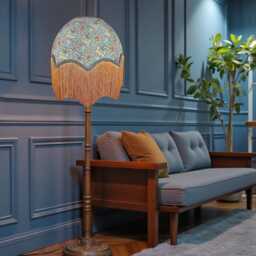 William Morris Blue Snakeshead Curtains Fabric Dome Lampshade Slate Braid & Antique Gold Fringe, British Bespoke Handmade - thumbnail 2