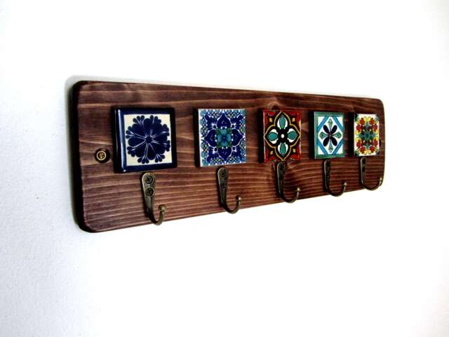 Mexican Tile Key Holder Reclaimed Wood & Bronze Hooks - image 1