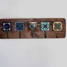 Mexican Tile Key Holder Reclaimed Wood & Bronze Hooks - thumbnail 2