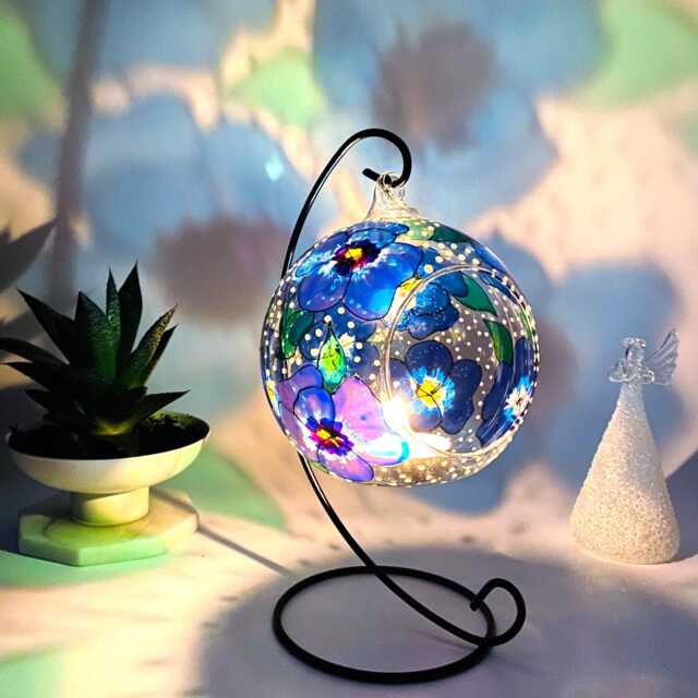 Hand Painted Blue Pansy Glass Tealight Holder With Stand - image 1