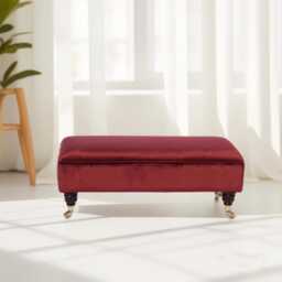 Plush Velvet Ottoman Footstool - Mahogany Castor Legs