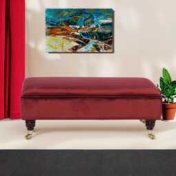 Plush Velvet Ottoman Footstool - Mahogany Castor Legs - thumbnail 2