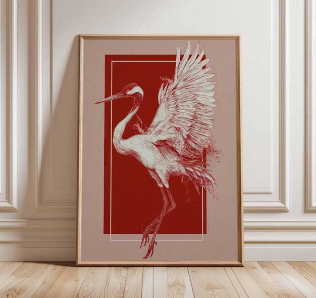 Japanese Crane Art Print, Minimal Red & White Illustration, Oriental Bird Wall Art, Modern Asian Inspired Home Decor - image 1