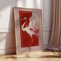Japanese Crane Art Print, Minimal Red & White Illustration, Oriental Bird Wall Art, Modern Asian Inspired Home Decor - thumbnail 2