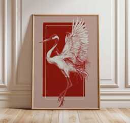 Japanese Crane Art Print, Minimal Red & White Illustration, Oriental Bird Wall Art, Modern Asian Inspired Home Decor - thumbnail 1