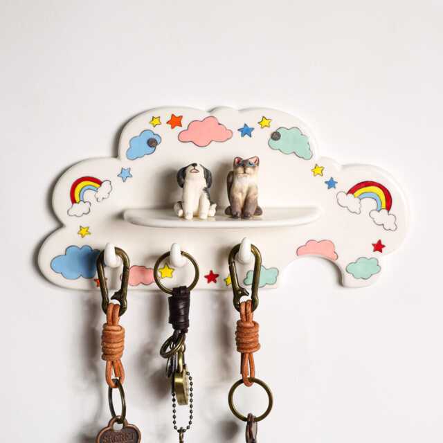 Custom Whimsical Cloud Rainbow Pet Portrait Key Holder Wall Hook Hand Painted Personalized 3D Dog Cat Sculpture Bonded Pair Leash Hanger - image 1