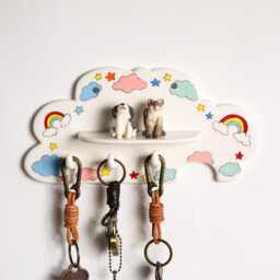 Custom Whimsical Cloud Rainbow Pet Portrait Key Holder Wall Hook Hand Painted Personalized 3D Dog Cat Sculpture Bonded Pair Leash Hanger