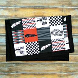 Personalized Minky Blanket - Red Race Car Faux Patchwork Dirt Track Racing Baby - thumbnail 3