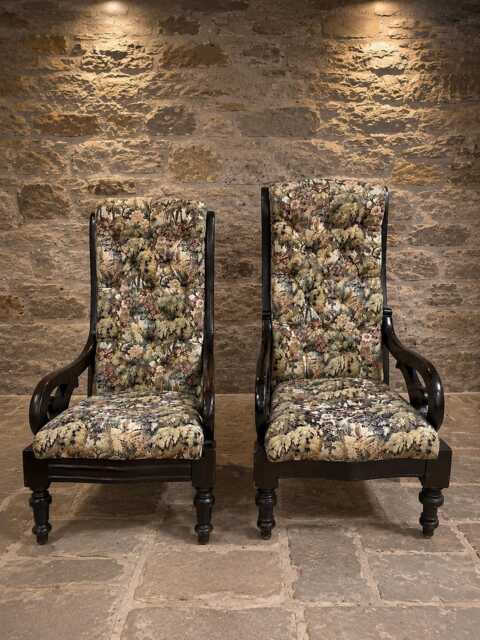 Antique Victorian Armchairs - Deep Buttoned Scroll Arm Fireside Seating - image 1