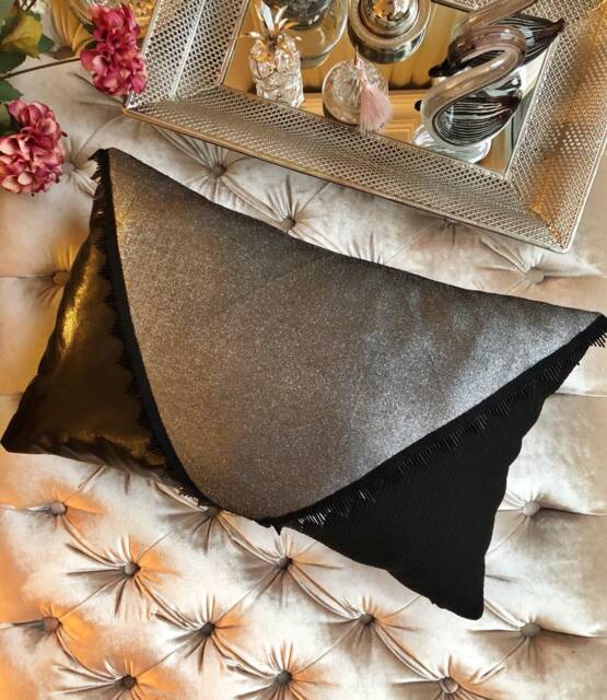 Gray Shiny Fabric & Black Faux Leather Clutch Design Decorative Pillow Cover With Details, Home Decor, Living Room, Gifts For Her - image 1