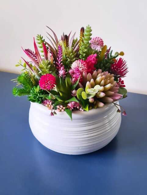 Faux Succulent Centerpiece Small Pink Foliage Ceramic Bowl, Luxury Home Decor Planter - image 1