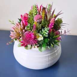 Faux Succulent Centerpiece Small Pink Foliage Ceramic Bowl, Luxury Home Decor Planter - thumbnail 2