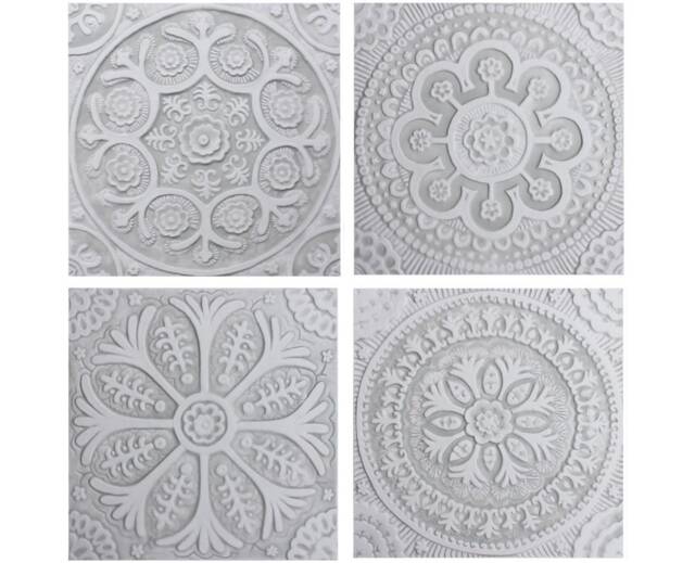 Set Of 4 Suzani Ceramic Tiles Grey & White Outdoor Wall Art - 30cm/11.8 - image 1