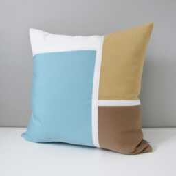 "Modern Sunbrella Outdoor Pillow Cover in Mineral Blue, Cocoa Brown, Gold & White, Decorative Cushion For Patio 18""x18" - thumbnail 1