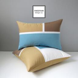 "Modern Sunbrella Outdoor Pillow Cover in Mineral Blue, Cocoa Brown, Gold & White, Decorative Cushion For Patio 18""x18" - thumbnail 4