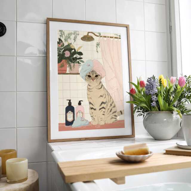 Funny Cat Bathroom Art Print - Tabby Shower Wall Quirky Animal Cute Decor Lover Gift - image 1