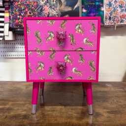 Hot Pink Tiger Square Bedside Table, Two Drawers, Ideal Nightstand. Magenta Pink With Silver. Customisable - thumbnail 3