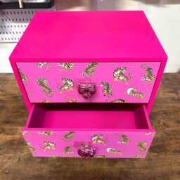 Hot Pink Tiger Square Bedside Table, Two Drawers, Ideal Nightstand. Magenta Pink With Silver. Customisable - thumbnail 2