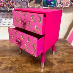 Hot Pink Tiger Square Bedside Table, Two Drawers, Ideal Nightstand. Magenta Pink With Silver. Customisable - thumbnail 1