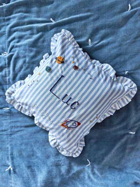 Hand Embroidered Space Themed Nursery Cushion - Personalised Boys Room Baby Pillow - image 1