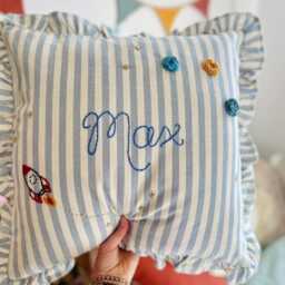 Hand Embroidered Space Themed Nursery Cushion - Personalised Boys Room Baby Pillow - thumbnail 4