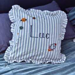 Hand Embroidered Space Themed Nursery Cushion - Personalised Boys Room Baby Pillow - thumbnail 2