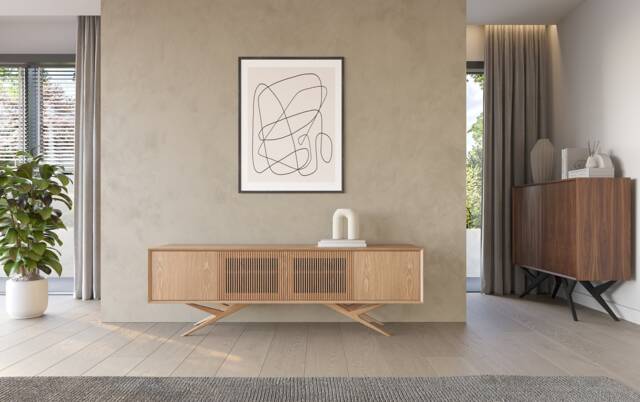 Oak Long Sideboard, Mid Century Modern Tv Stand, Slatted Doors - image 1