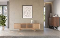 Oak Long Sideboard, Mid Century Modern Tv Stand, Slatted Doors - thumbnail 1