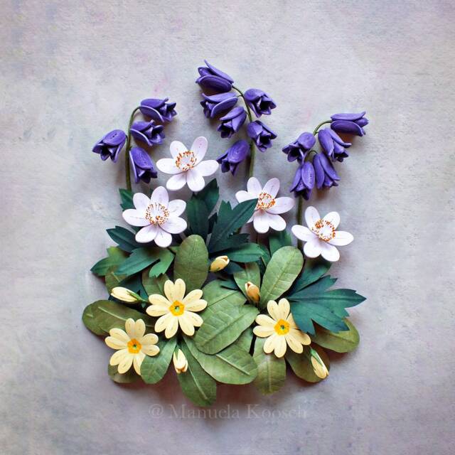 Bluebell Primrose Wood Anemone Wall Art - 3D Paper Quilling Flowers Woodland Spring Decor White Green Yellow Purple - image 1
