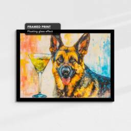 German Shepherd Martini Glass Painting Framed Poster Print & Canvas Wall Decor Art Bar Kitchen Room Dog Gift Pet - thumbnail 2