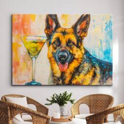 German Shepherd Martini Glass Painting Framed Poster Print & Canvas Wall Decor Art Bar Kitchen Room Dog Gift Pet