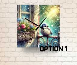 Square Glass Wall Clock Bird On Balcony, Nature Inspired Home Decor