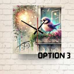 Square Glass Wall Clock Bird On Balcony, Nature Inspired Home Decor - thumbnail 3
