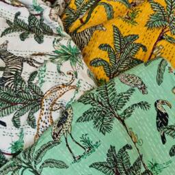 Kantha Stitch Pure Cotton Reversible Bed/Sofa Throw King Size Handmade Floral Dohar Summer Aqua Safari Tropical Exotic Forest Animal Tribe - thumbnail 3