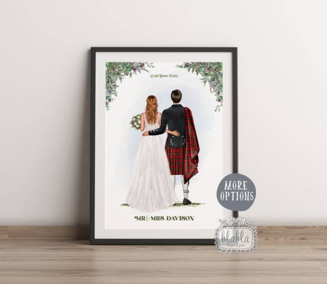 Scottish Wedding Bride & Groom Personalised Print, in Kilt, Gift, & Illustration, Thistle - image 1