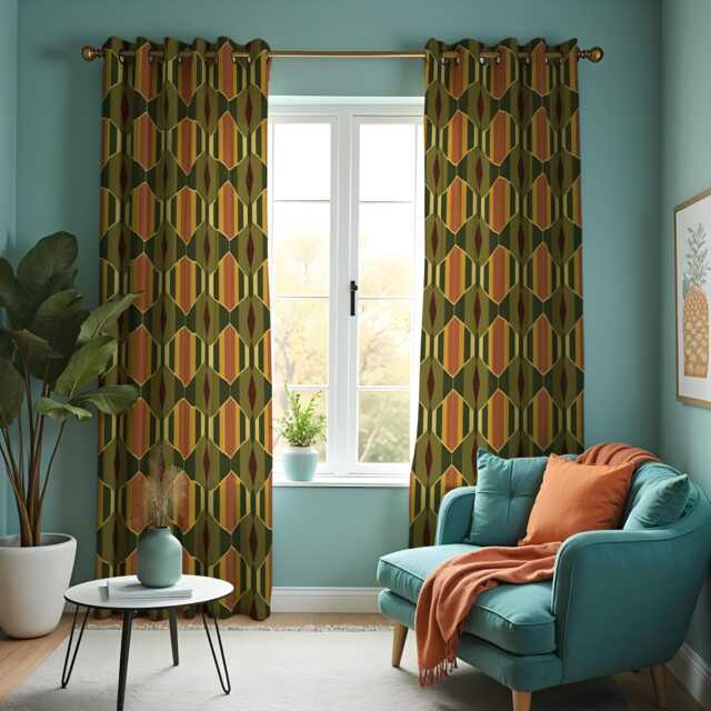 Olive Green Retro Curtains, Mid-Century Modern Geometric Drapes in Mustard & Brown Tones, Abstract Pattern Window Panels - image 1