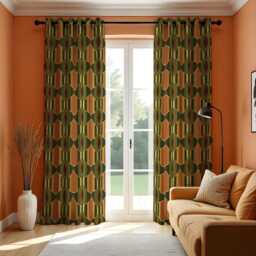 Olive Green Retro Curtains, Mid-Century Modern Geometric Drapes in Mustard & Brown Tones, Abstract Pattern Window Panels - thumbnail 2
