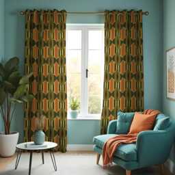 Olive Green Retro Curtains, Mid-Century Modern Geometric Drapes in Mustard & Brown Tones, Abstract Pattern Window Panels - thumbnail 1