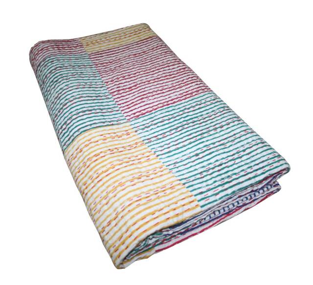 Handmade Vintage Kantha Quilt Reversible Cotton Bedspread - 90x108 - image 1
