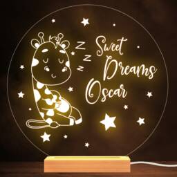 Kids Cute Baby Giraffe Round Name Personalised Gift Warm White Lamp Night Light - thumbnail 1