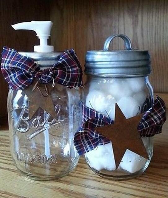 Mason Canning Jar Soap/Lotion Dispenser & Storage Set~ Urban Farmhouse Country Vintage Bathroom Set - image 1