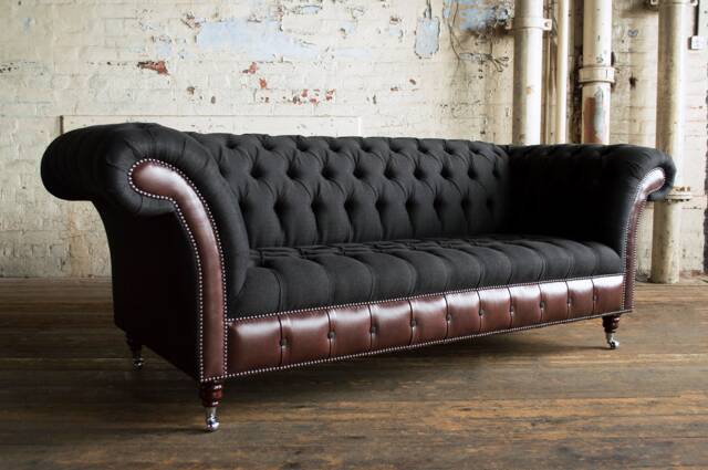 British Handmade 3 Seater Charcoal Herringbone Wool & Dark Brown Leather Chesterfield Sofa. - Other Colours + - image 1